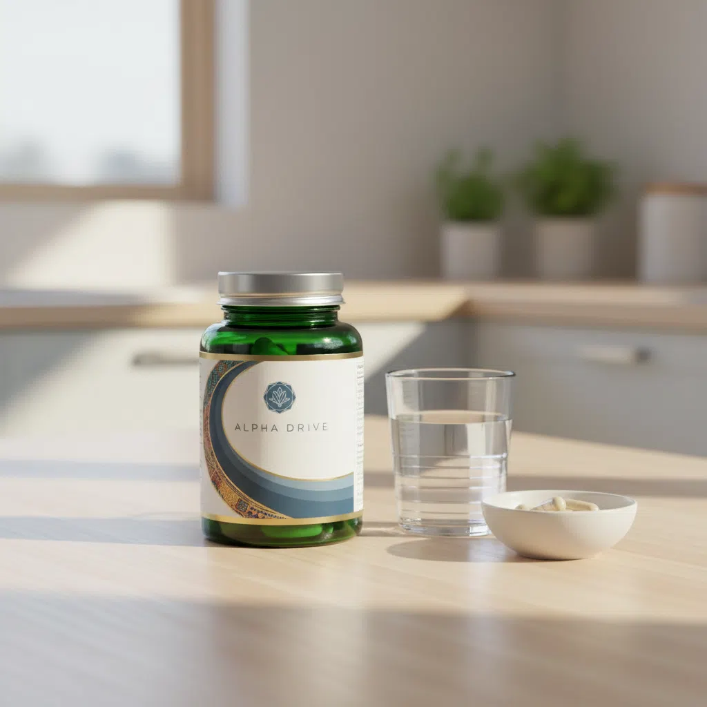 Alpha Drive pot op een houten oppervlak naast pompoenzaden en een groene plant, lifestyle productfotografie